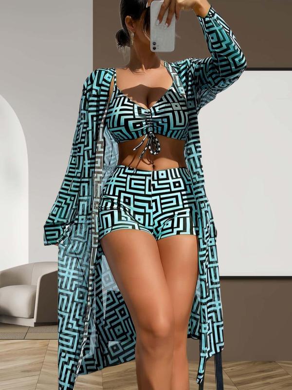 BeachLux™ 3-Piece Swimsuit Set | Bikini with Kimono Cover-Up &amp; Geometric Pattern