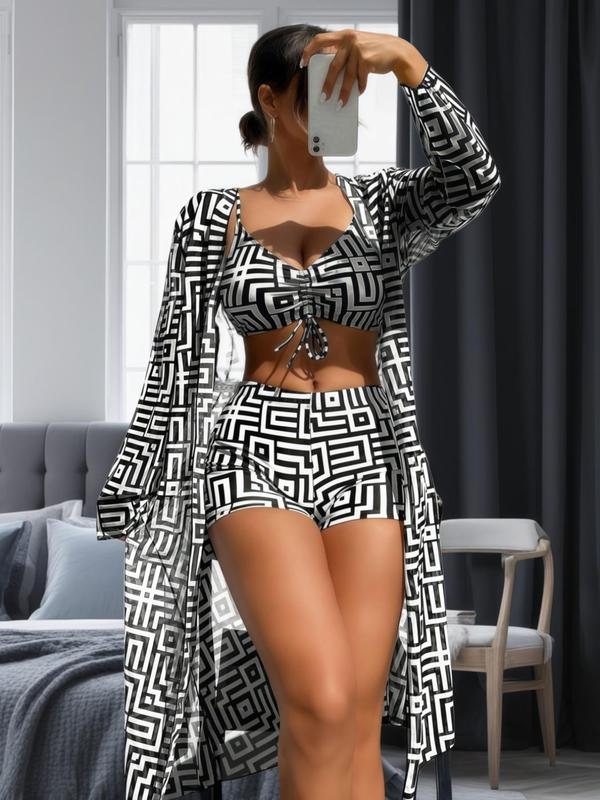 BeachLux™ 3-Piece Swimsuit Set | Bikini with Kimono Cover-Up &amp; Geometric Pattern