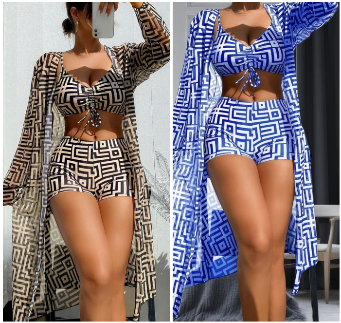 BeachLux™ 3-Piece Swimsuit Set | Bikini with Kimono Cover-Up &amp; Geometric Pattern