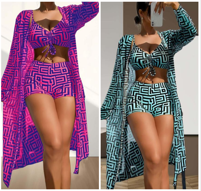 BeachLux™ 3-Piece Swimsuit Set | Bikini with Kimono Cover-Up &amp; Geometric Pattern