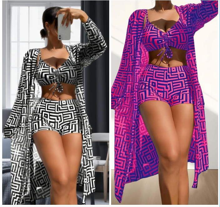 BeachLux™ 3-Piece Swimsuit Set | Bikini with Kimono Cover-Up &amp; Geometric Pattern