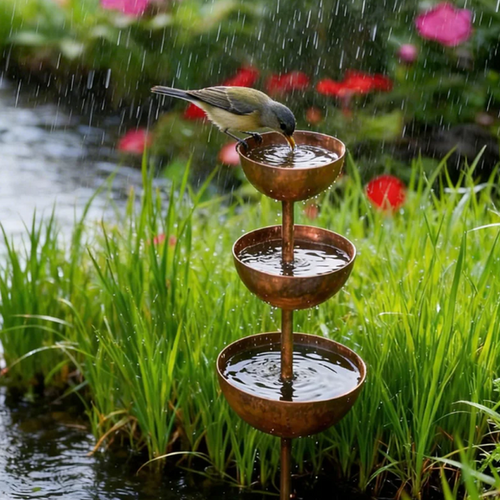 Aviora™ three-tier bird bath and feeder station in a rustic metal design