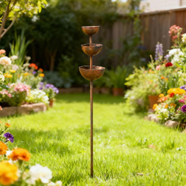 Aviora™ three-tier bird bath and feeder station in a rustic metal design