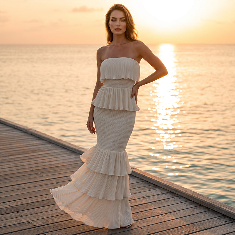 Seralyn - Strapless Tiered Ruffle Maxi Dress