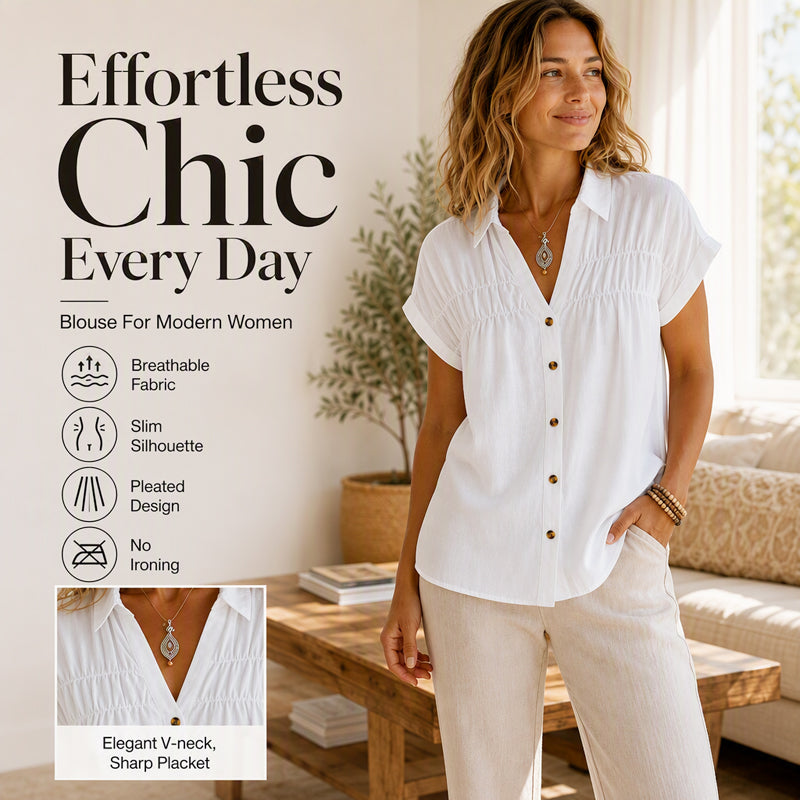 Evelisse - Elegant V Neck Pleated Short Sleeve Blouse