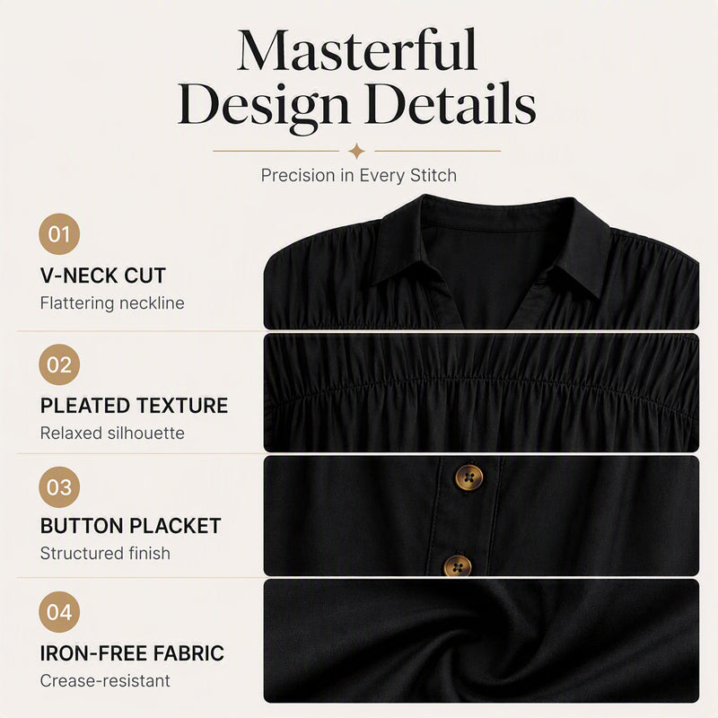 Evelisse - Elegant V Neck Pleated Short Sleeve Blouse