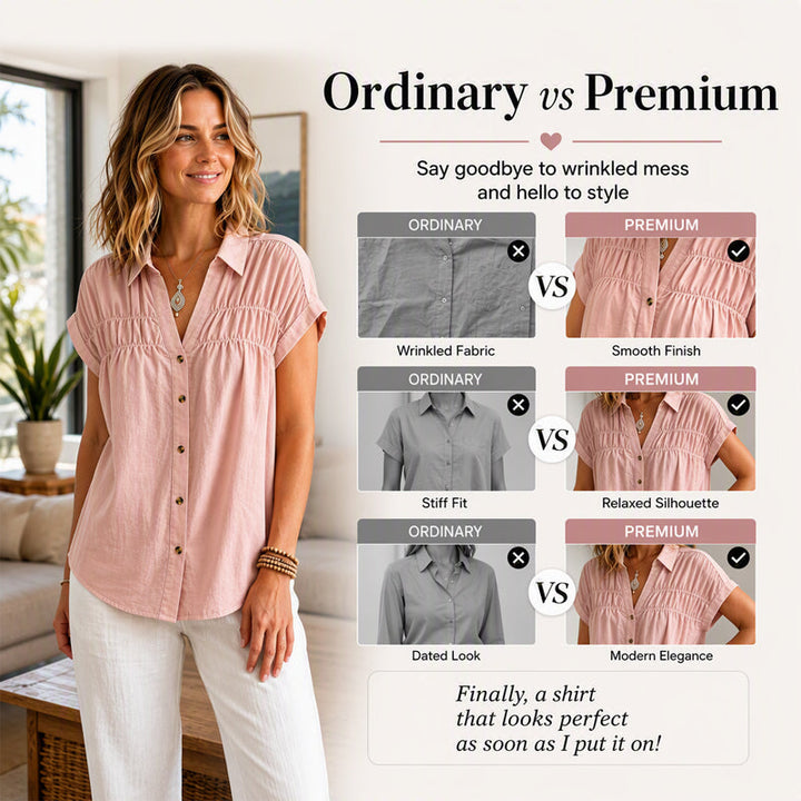 Evelisse - Elegant V Neck Pleated Short Sleeve Blouse