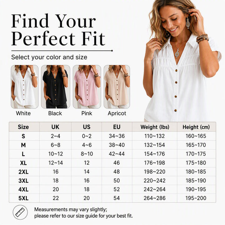 Evelisse - Elegant V Neck Pleated Short Sleeve Blouse