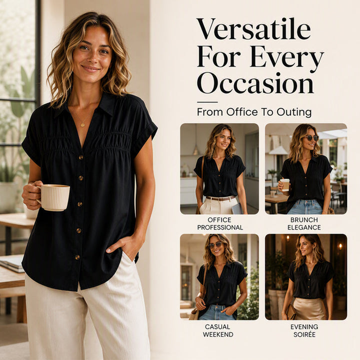 Evelisse - Elegant V Neck Pleated Short Sleeve Blouse
