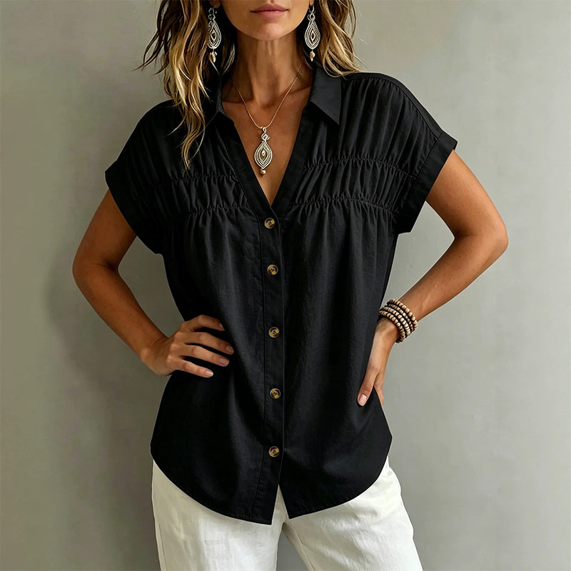 Evelisse - Elegant V Neck Pleated Short Sleeve Blouse
