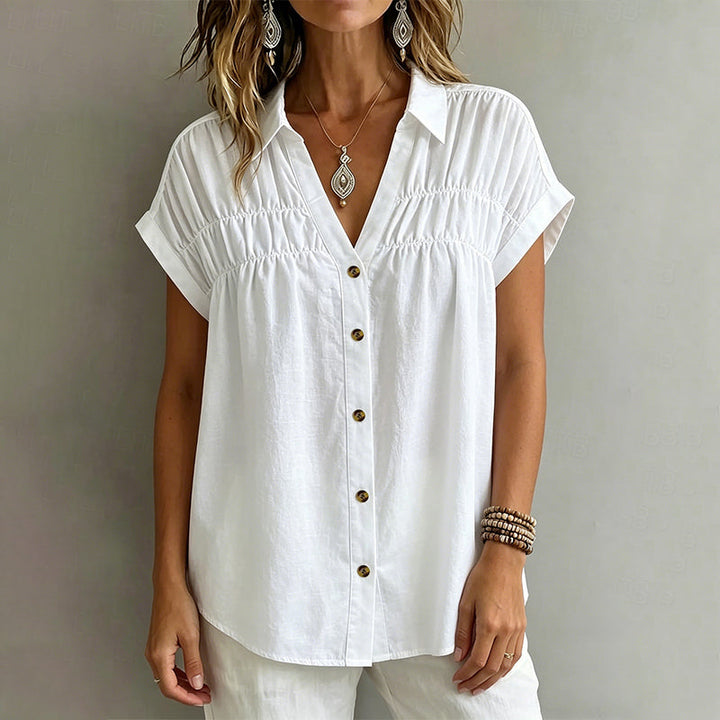 Evelisse - Elegant V Neck Pleated Short Sleeve Blouse