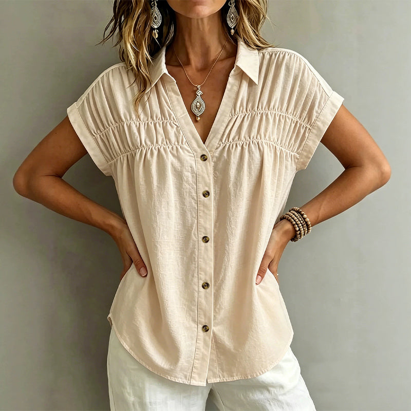 Evelisse - Elegant V Neck Pleated Short Sleeve Blouse