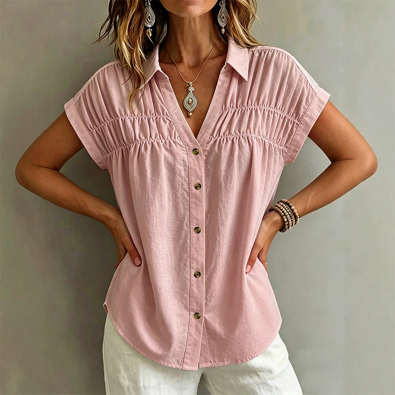 Evelisse - Elegant V Neck Pleated Short Sleeve Blouse