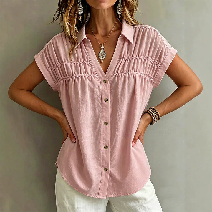 Evelisse - Elegant V Neck Pleated Short Sleeve Blouse